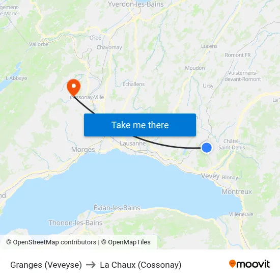 Granges (Veveyse) to La Chaux (Cossonay) map