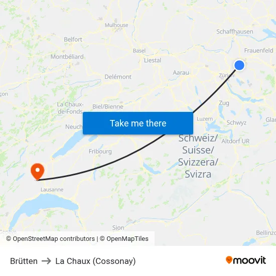 Brütten to La Chaux (Cossonay) map