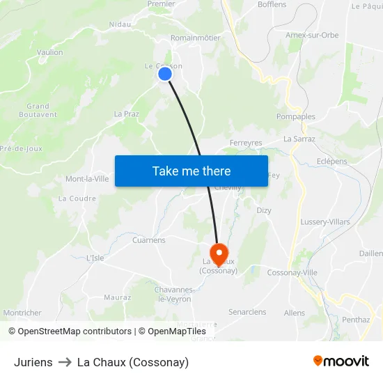 Juriens to La Chaux (Cossonay) map