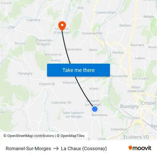 Romanel-Sur-Morges to La Chaux (Cossonay) map