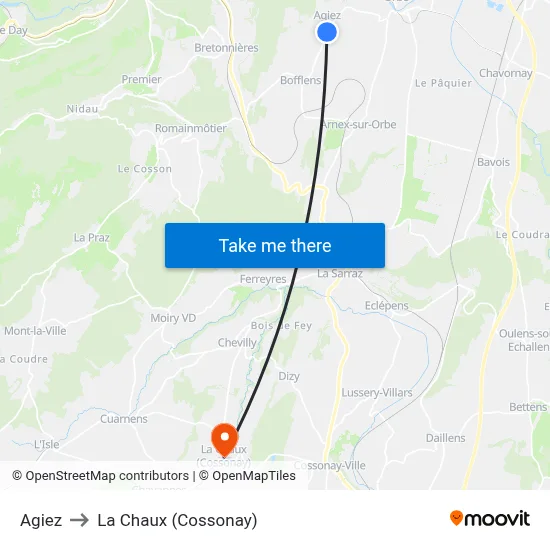 Agiez to La Chaux (Cossonay) map