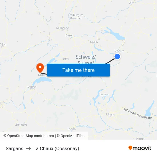 Sargans to La Chaux (Cossonay) map