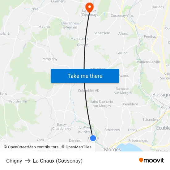 Chigny to La Chaux (Cossonay) map