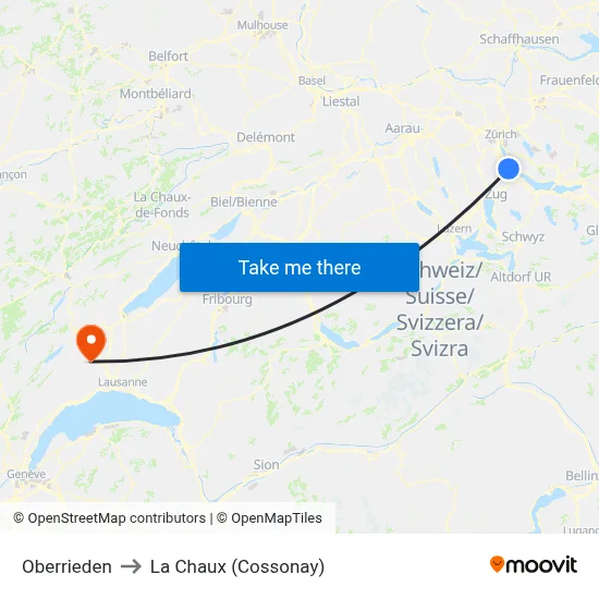 Oberrieden to La Chaux (Cossonay) map