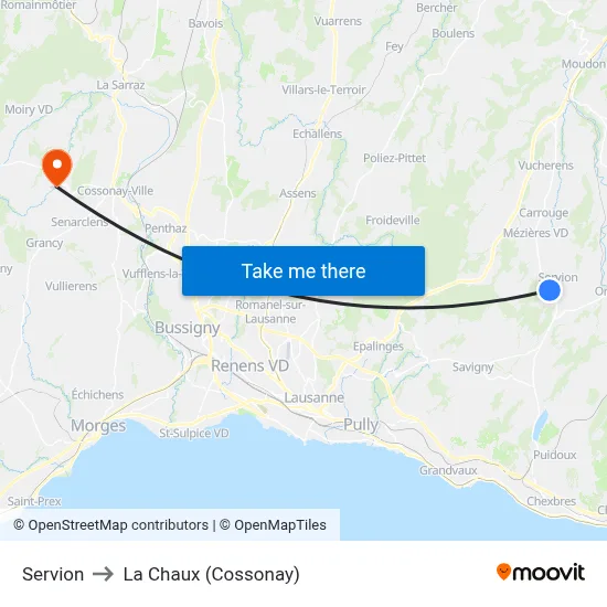Servion to La Chaux (Cossonay) map