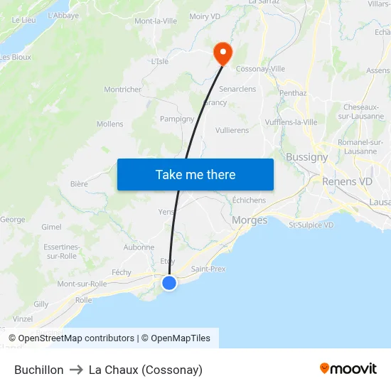 Buchillon to La Chaux (Cossonay) map