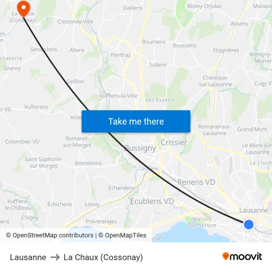 Lausanne to La Chaux (Cossonay) map