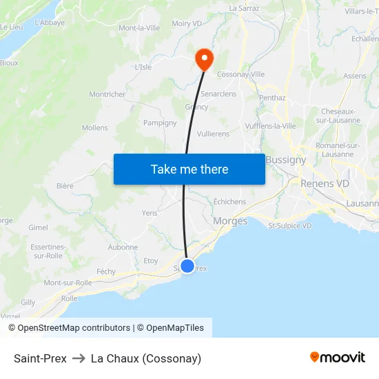 Saint-Prex to La Chaux (Cossonay) map