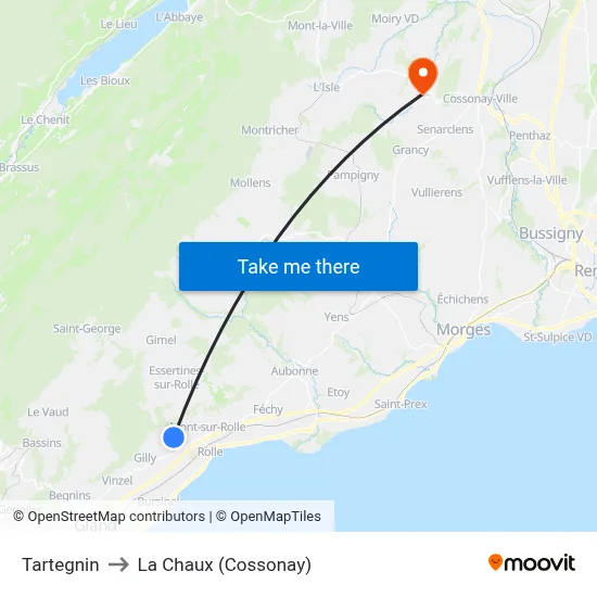 Tartegnin to La Chaux (Cossonay) map