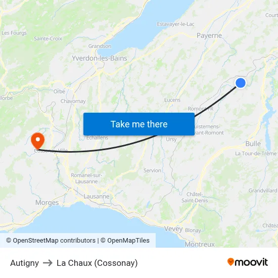 Autigny to La Chaux (Cossonay) map