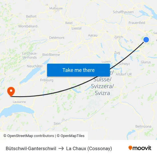 Bütschwil-Ganterschwil to La Chaux (Cossonay) map