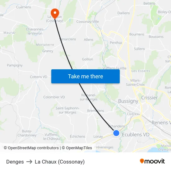 Denges to La Chaux (Cossonay) map