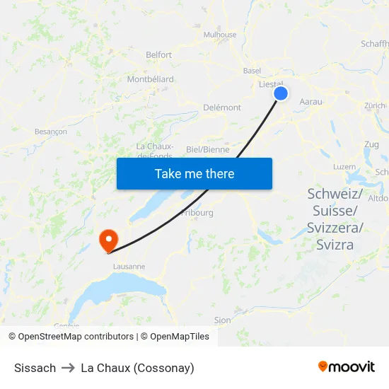 Sissach to La Chaux (Cossonay) map