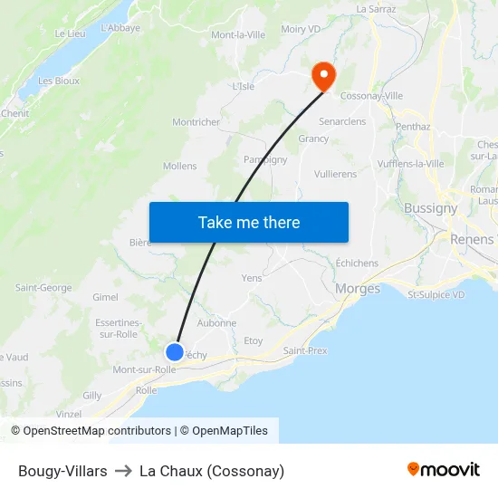 Bougy-Villars to La Chaux (Cossonay) map