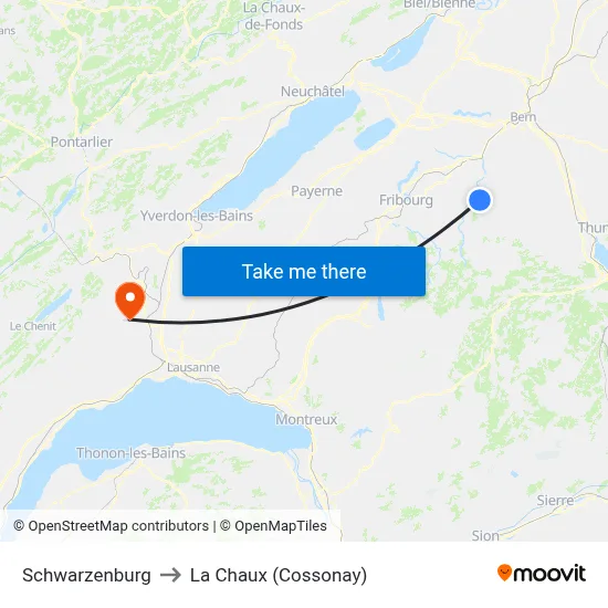 Schwarzenburg to La Chaux (Cossonay) map