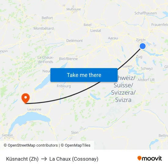Küsnacht (Zh) to La Chaux (Cossonay) map