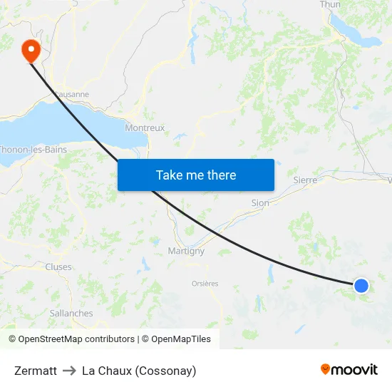 Zermatt to La Chaux (Cossonay) map