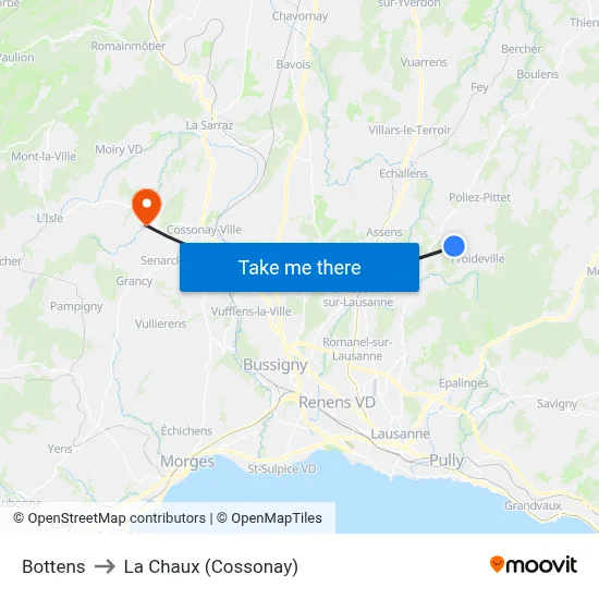 Bottens to La Chaux (Cossonay) map