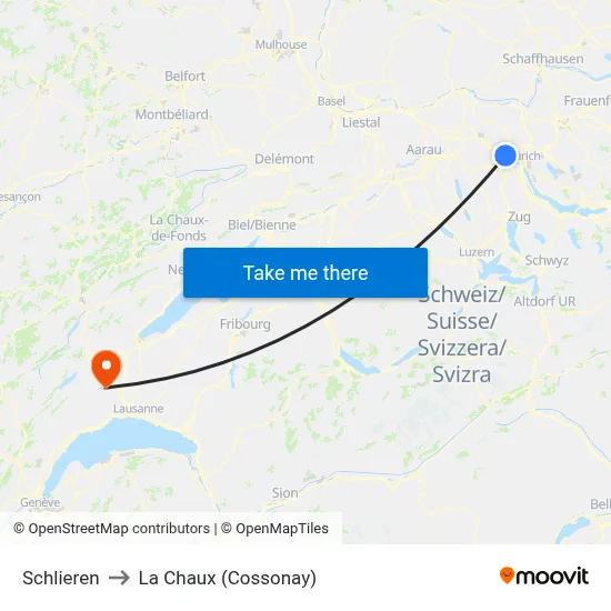 Schlieren to La Chaux (Cossonay) map