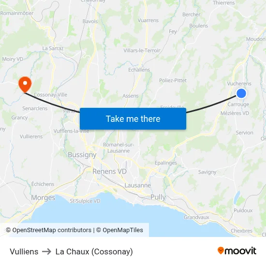 Vulliens to La Chaux (Cossonay) map