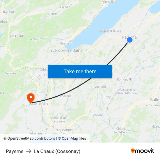 Payerne to La Chaux (Cossonay) map