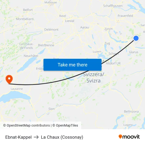 Ebnat-Kappel to La Chaux (Cossonay) map