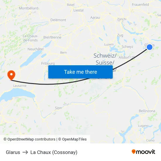 Glarus to La Chaux (Cossonay) map
