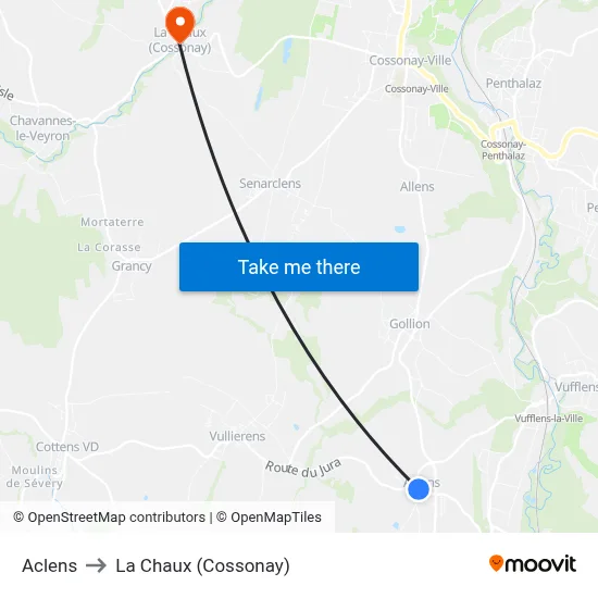 Aclens to La Chaux (Cossonay) map