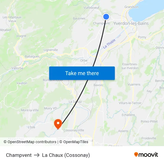 Champvent to La Chaux (Cossonay) map