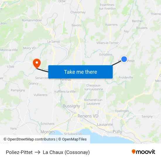 Poliez-Pittet to La Chaux (Cossonay) map