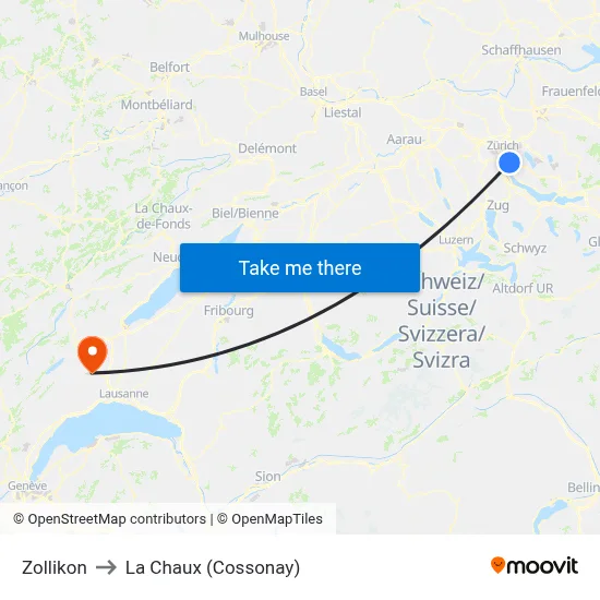 Zollikon to La Chaux (Cossonay) map