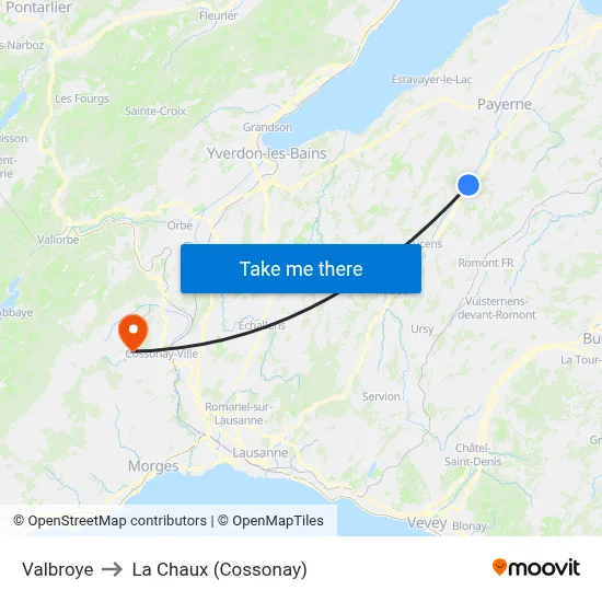 Valbroye to La Chaux (Cossonay) map
