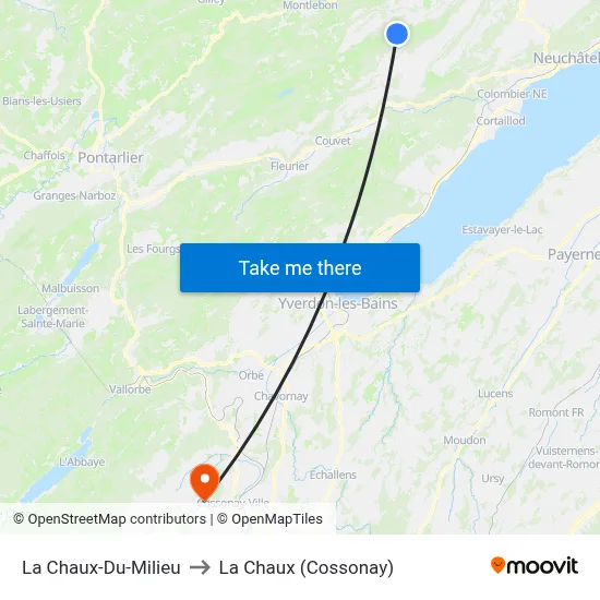 La Chaux-Du-Milieu to La Chaux (Cossonay) map