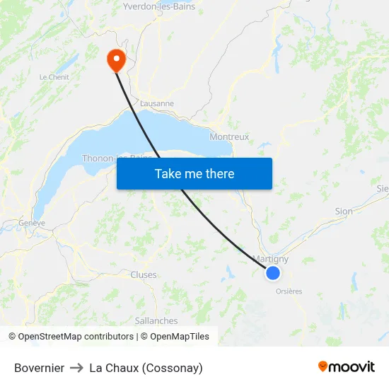 Bovernier to La Chaux (Cossonay) map
