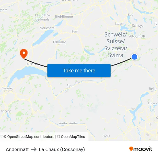 Andermatt to La Chaux (Cossonay) map
