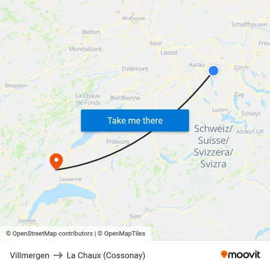 Villmergen to La Chaux (Cossonay) map