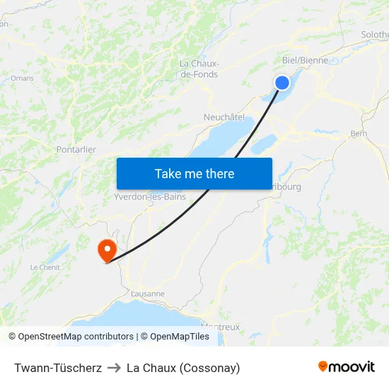 Twann-Tüscherz to La Chaux (Cossonay) map