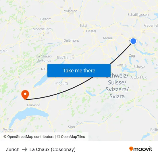 Zürich to La Chaux (Cossonay) map