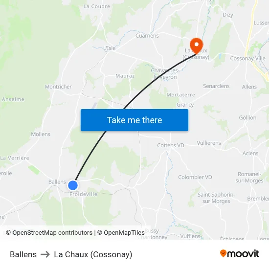 Ballens to La Chaux (Cossonay) map