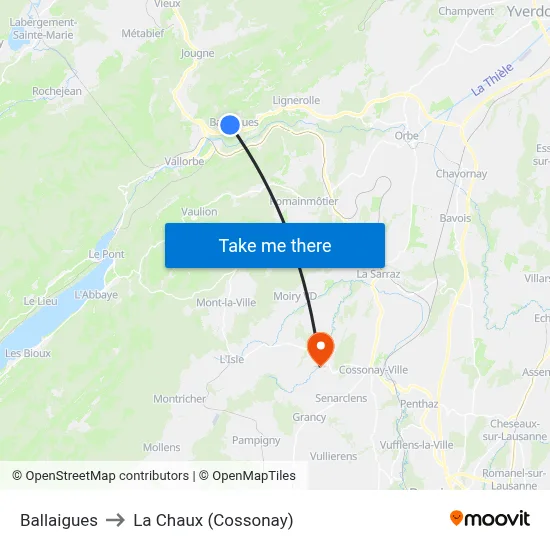 Ballaigues to La Chaux (Cossonay) map
