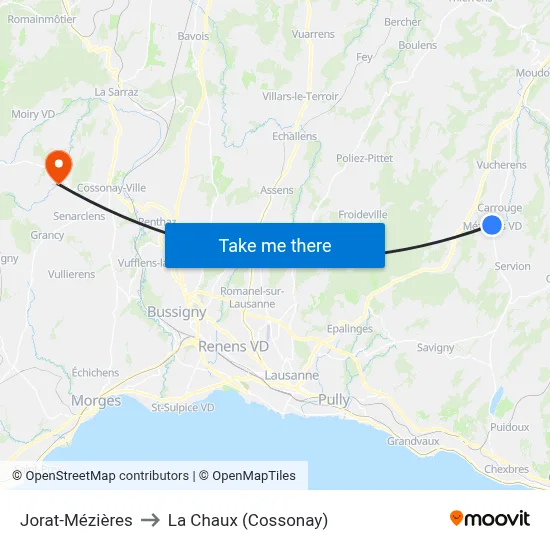 Jorat-Mézières to La Chaux (Cossonay) map