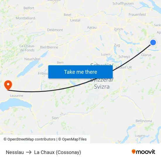 Nesslau to La Chaux (Cossonay) map