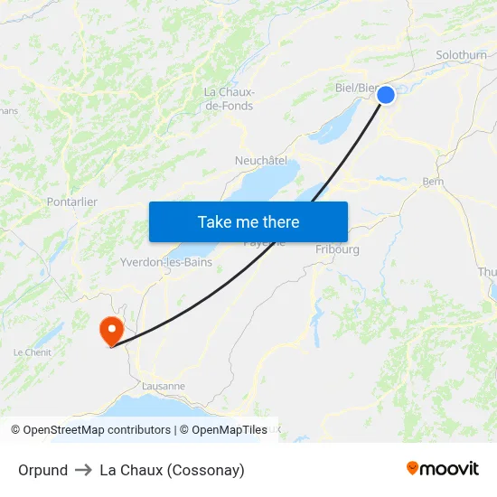 Orpund to La Chaux (Cossonay) map