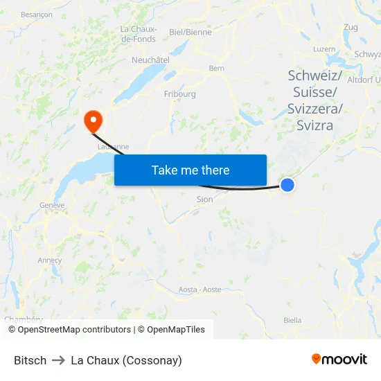 Bitsch to La Chaux (Cossonay) map