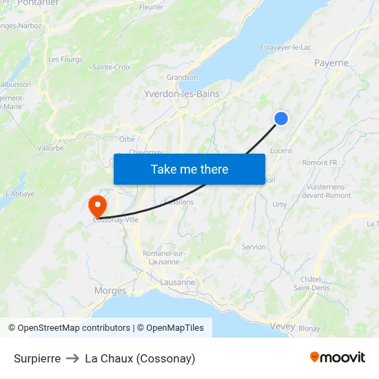 Surpierre to La Chaux (Cossonay) map