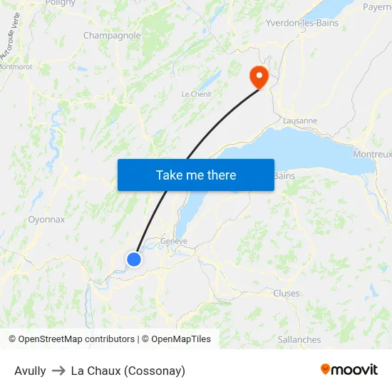 Avully to La Chaux (Cossonay) map