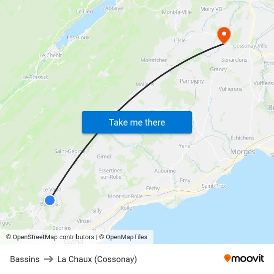 Bassins to La Chaux (Cossonay) map
