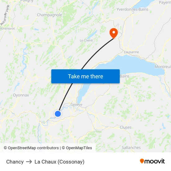 Chancy to La Chaux (Cossonay) map
