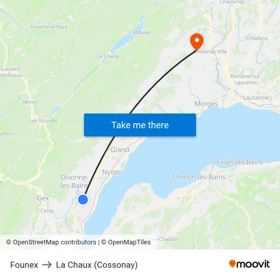 Founex to La Chaux (Cossonay) map