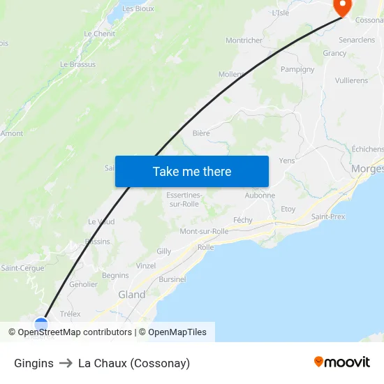 Gingins to La Chaux (Cossonay) map